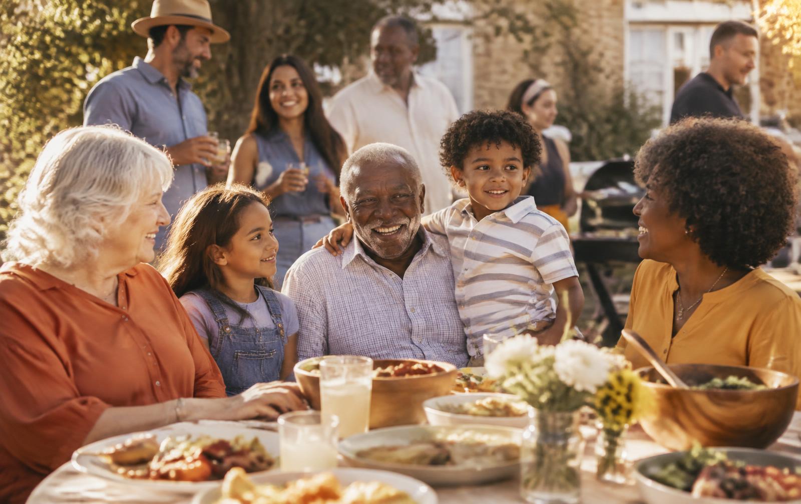 A multigenerational, diverse group of neighbors and family gathered together outdoors