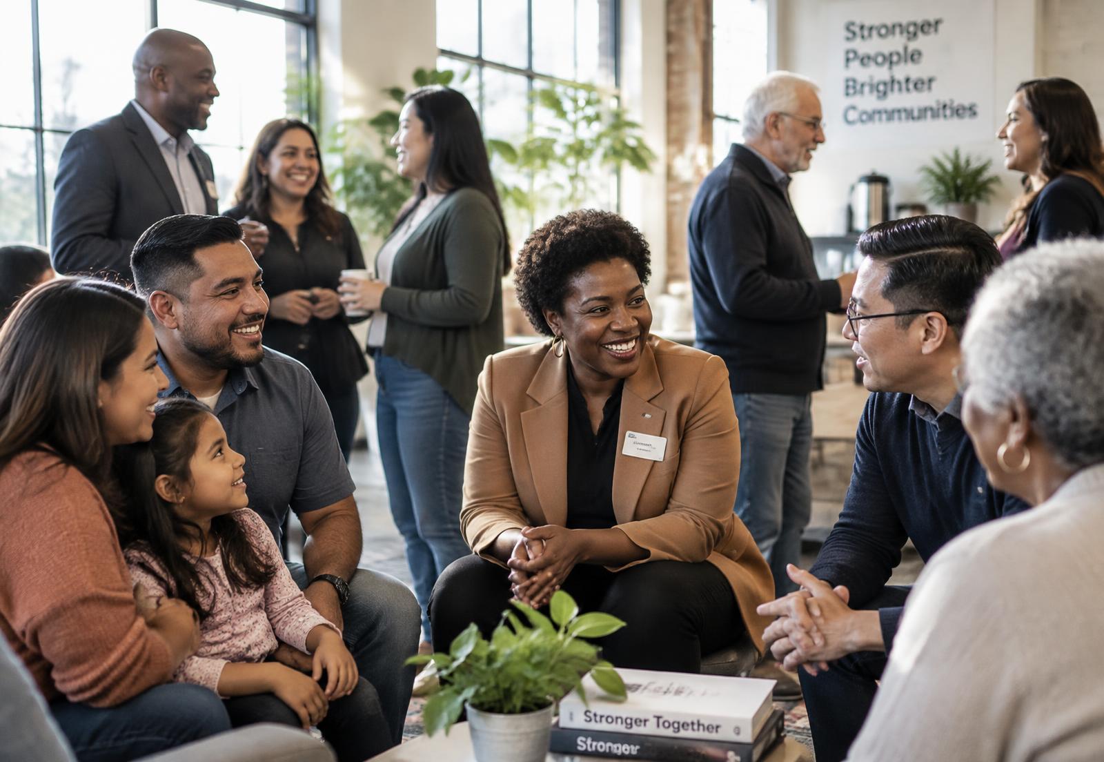 A diverse group of adults and families talking together in a bright community space