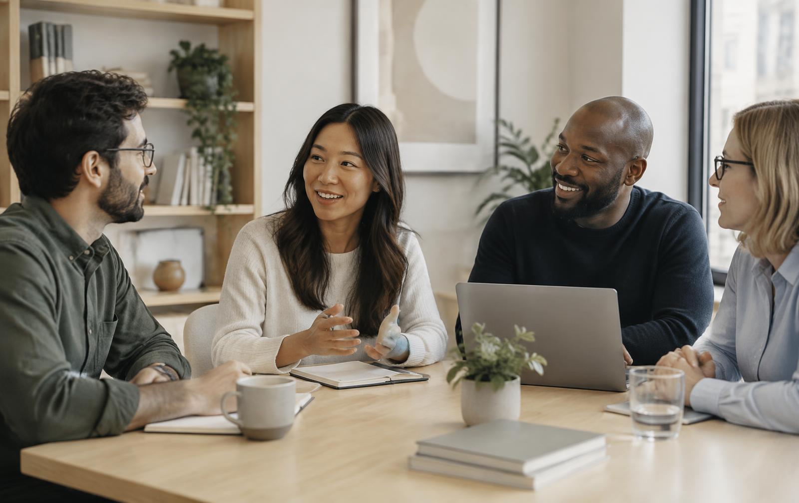 A diverse professional team in conversation around a table